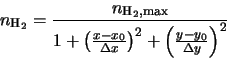 \begin{displaymath}n_{\rm H_2}=\frac{n_{\rm H_2,max}}{1+\left( \frac{x-x_0}{\Delta x} \right)^2+
\left( \frac{y-y_0}{\Delta y} \right)^2}
\end{displaymath}
