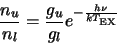 \begin{displaymath}
\frac{n_u}{n_l}=\frac{g_u}{g_l}e^{-\frac{h\nu}{kT_{\rm EX}}} \index{temperature!excitation}
\end{displaymath}