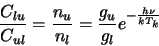 \begin{displaymath}
\frac{C_{lu}}{C_{ul}}=\frac{n_u}{n_l}=\frac{g_u}{g_l}e^{-\frac{h\nu}{kT_k}} \index{collision coefficients}
\end{displaymath}
