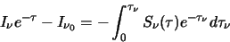 \begin{displaymath}I_\nu e^{-\tau}-I_{\nu_0}
=-\int^{\tau_\nu}_{0} S_{\nu}(\tau)e^{-\tau_{\nu}} d\tau_{\nu}
\end{displaymath}