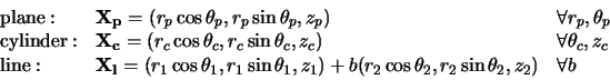 \begin{displaymath}\begin{array}{lll}
{\rm plane:} & \mathbf{X_p}=(r_p \cos \the...
...s
\theta_2 ,r_2 \sin \theta_2, z_2) & \forall b \\
\end{array}\end{displaymath}