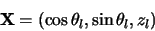 \begin{displaymath}{\bf X}=\left(\cos \theta_l,\sin \theta_l, z_l \right)
\end{displaymath}