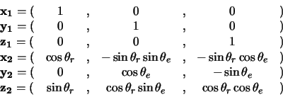\begin{displaymath}\begin{array}{ccccccc}
{\bf x_1} = ( & 1 & , & 0 & , & 0 & ) ...
... \theta_e & , & \cos \theta_r \cos \theta_e & ) \\
\end{array}\end{displaymath}